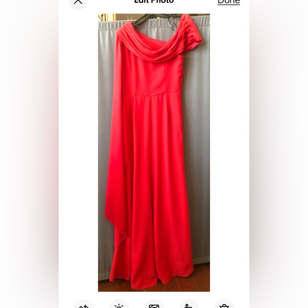 Tadashi Shoji One-Shoulder Red Draped Maxi Gown - Picture 7 of 9